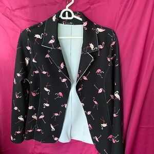 Flamingo-Print Black Blazer Jacket - Pink Accent scuba like material